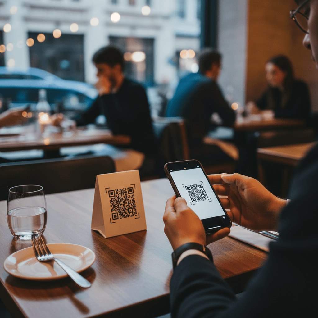 Customer scanning QR code on restaurant table with smartphone in hand