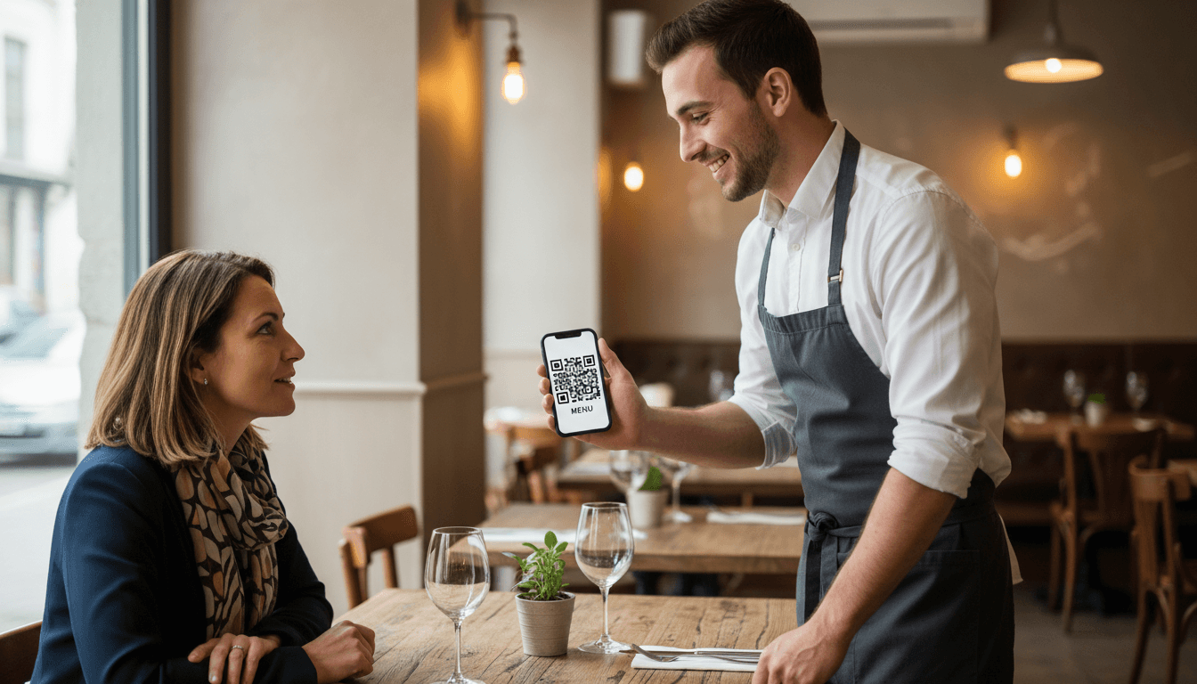 Server holding a smartphone displaying a digital menu for a customer at a restaurant table