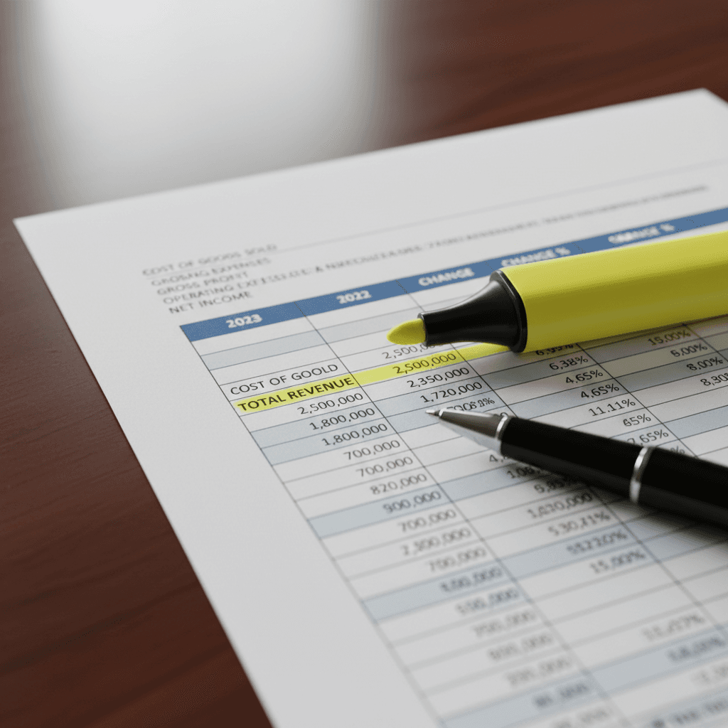 Close-up of a financial statement with a highlighter and pen, focused on rows of numbers