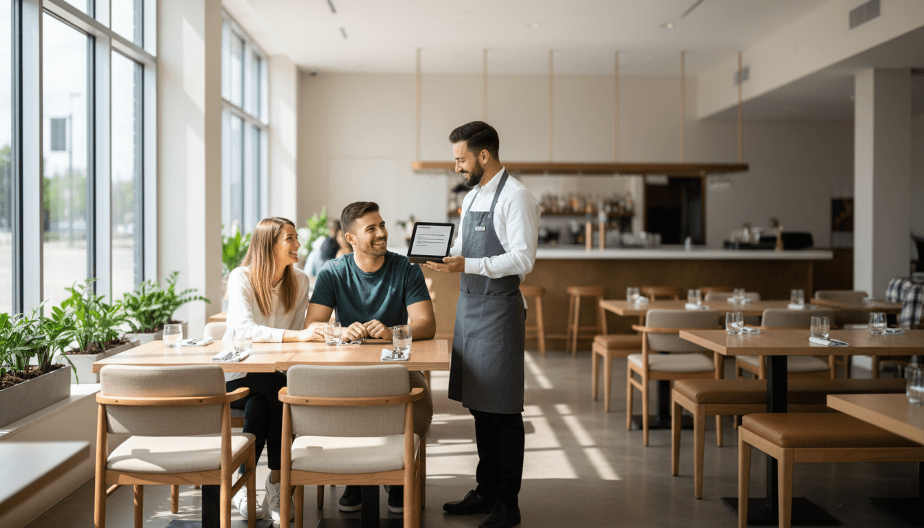 Server using a handheld POS terminal at a restaurant table