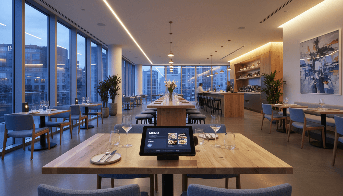 modern restaurant interior with digital ordering tablet on table