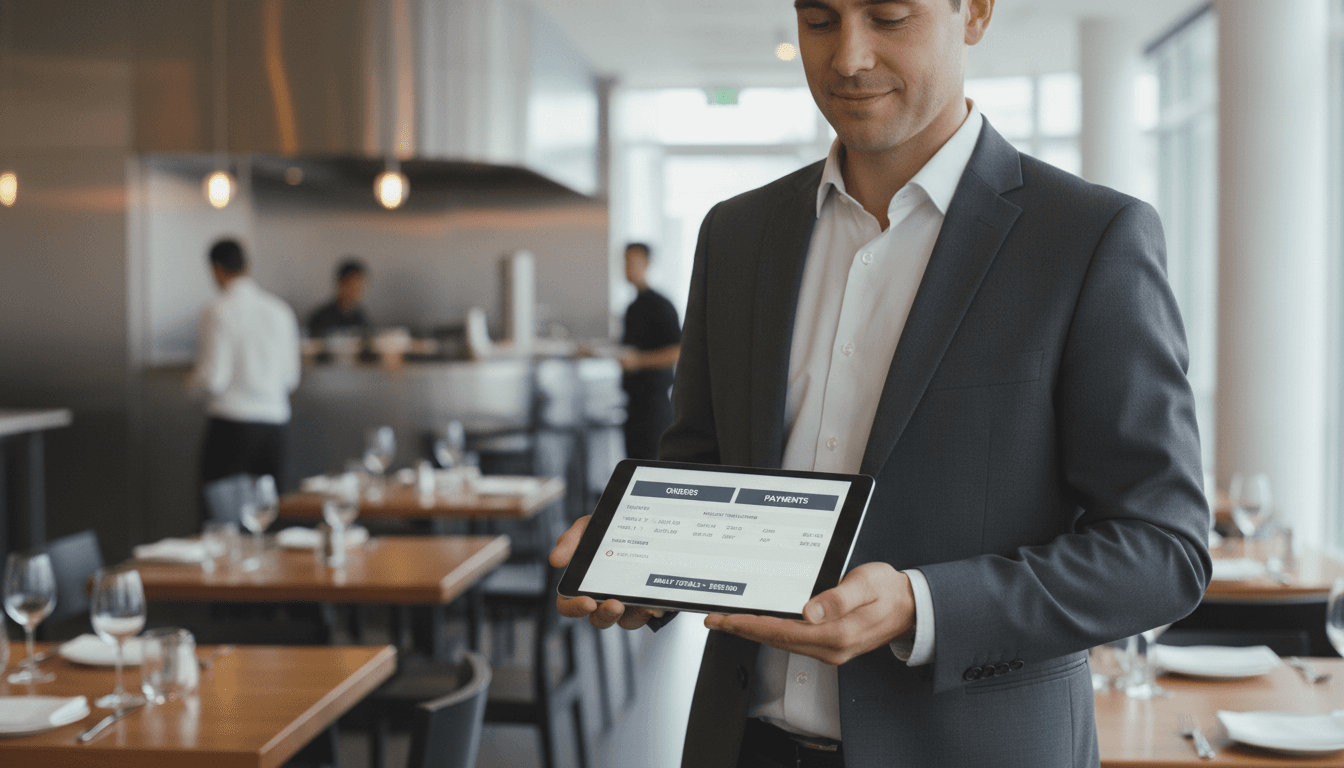 Restaurant manager using tablet for orders and payments