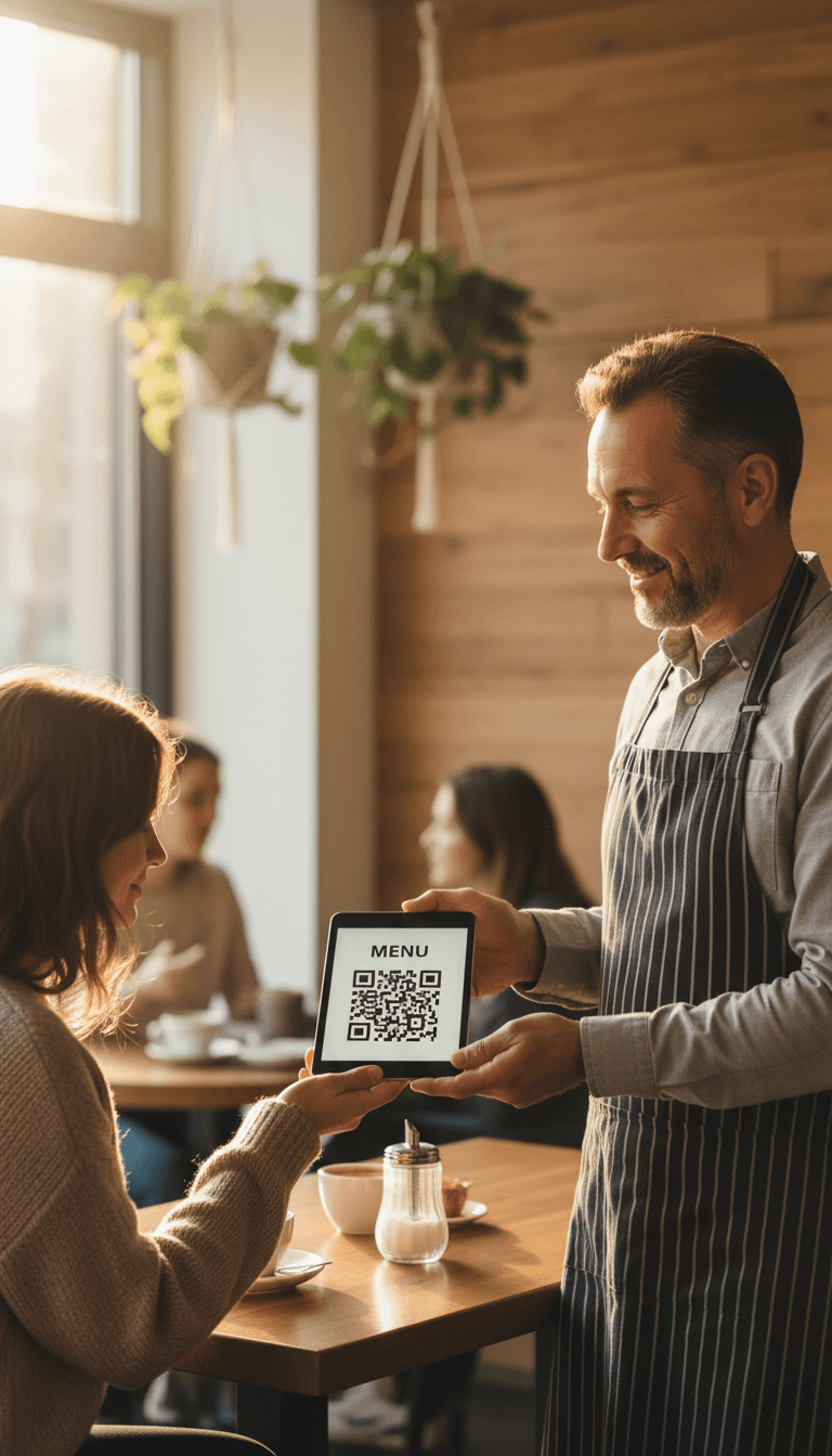 Restaurant owner showing a customer a QR ordering screen on a tablet