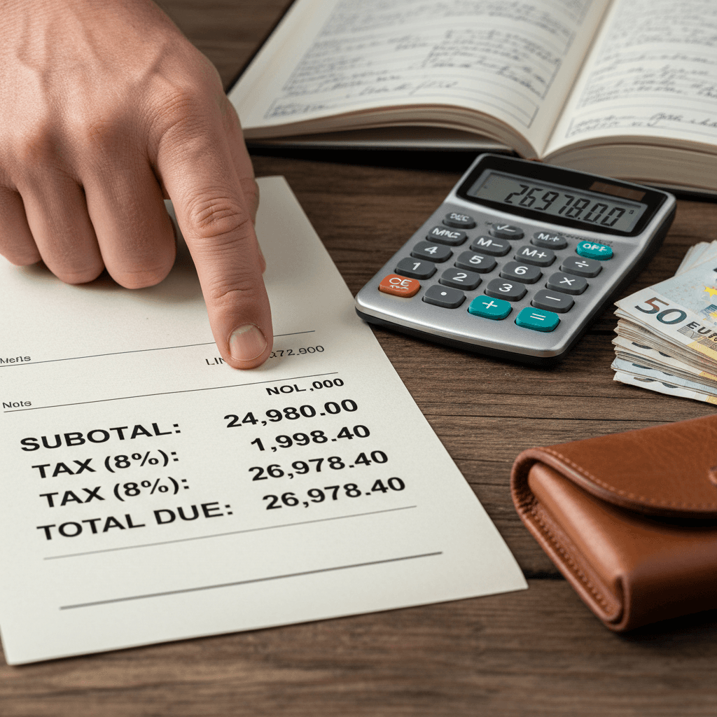 Close-up of a hand pointing at a printed payment processing invoice with a calculator nearby