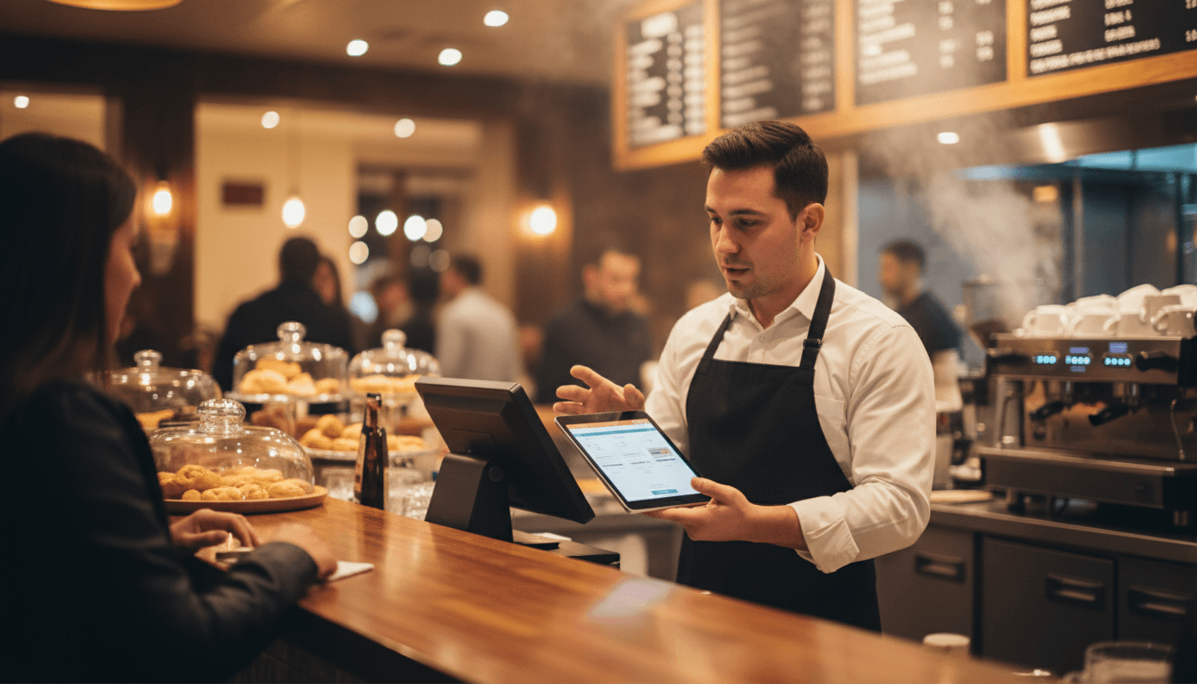 Blurred restaurant counter with a merchant using a tablet POS terminal, warm ambient lighting