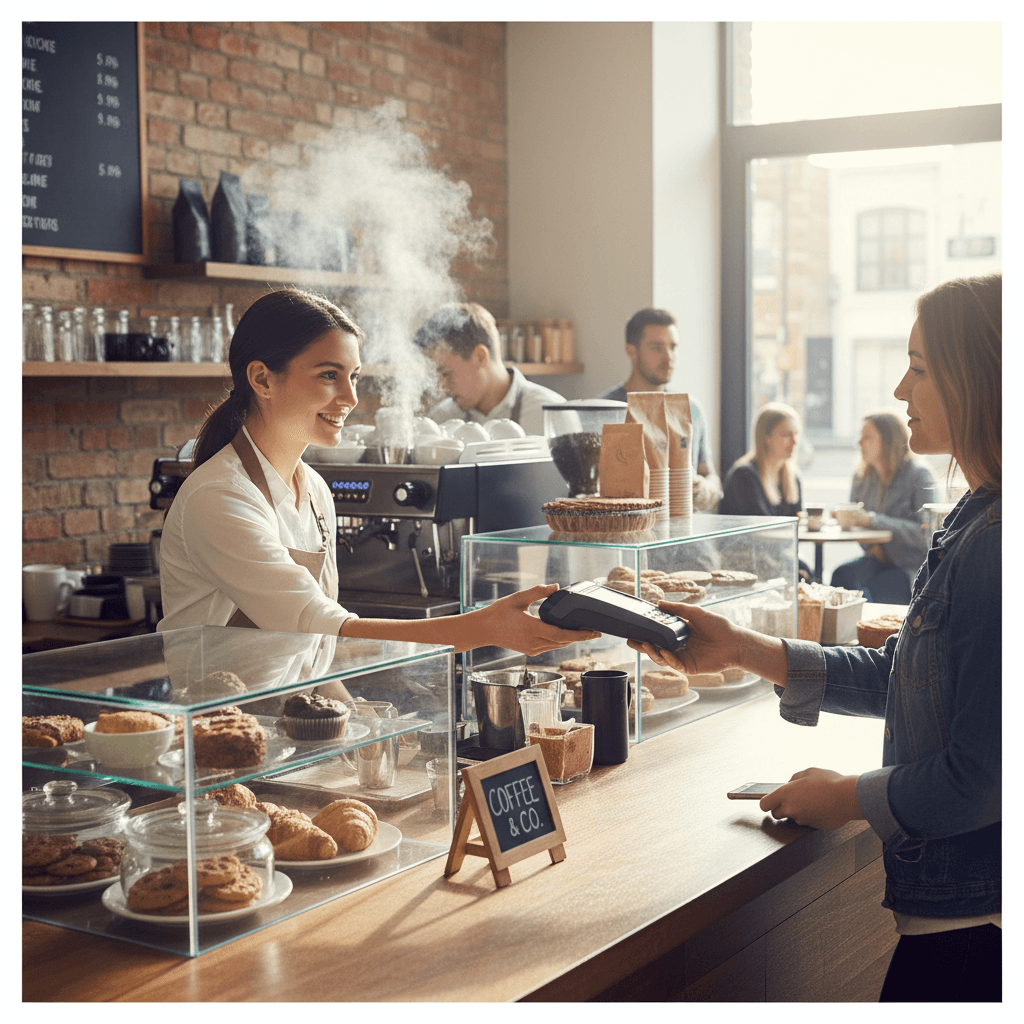 Café staff member handing a portable card reader to a customer at a busy counter