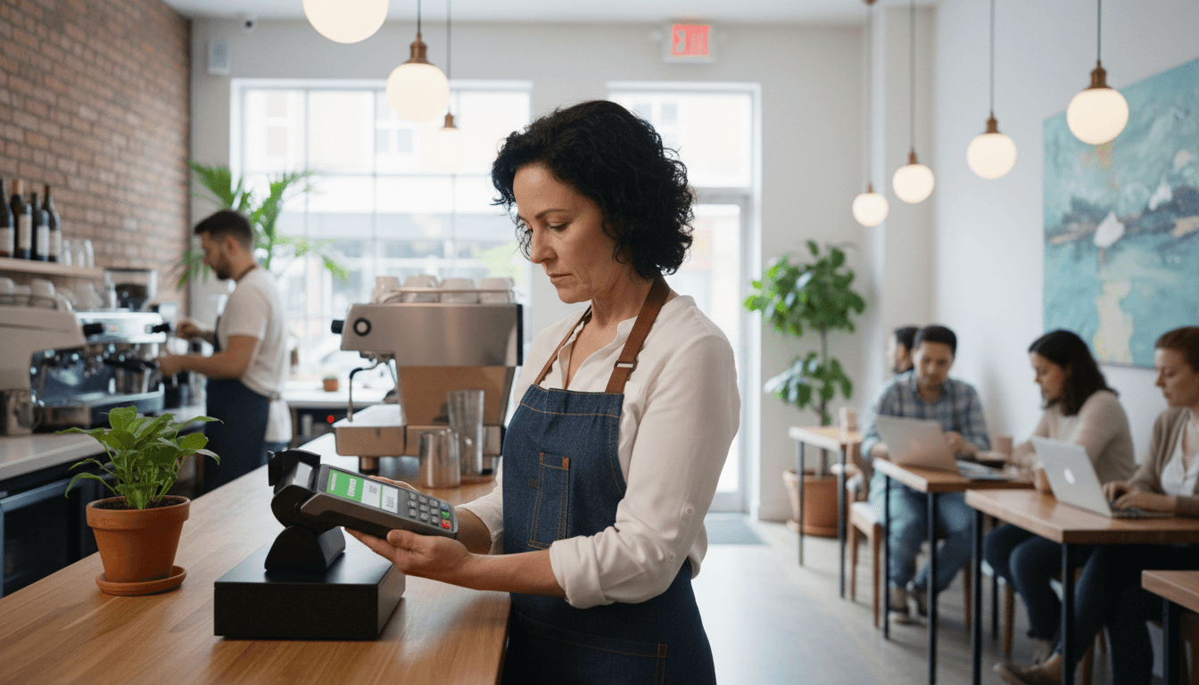 Restaurant owner reviewing a payment terminal transaction in a modern cafe