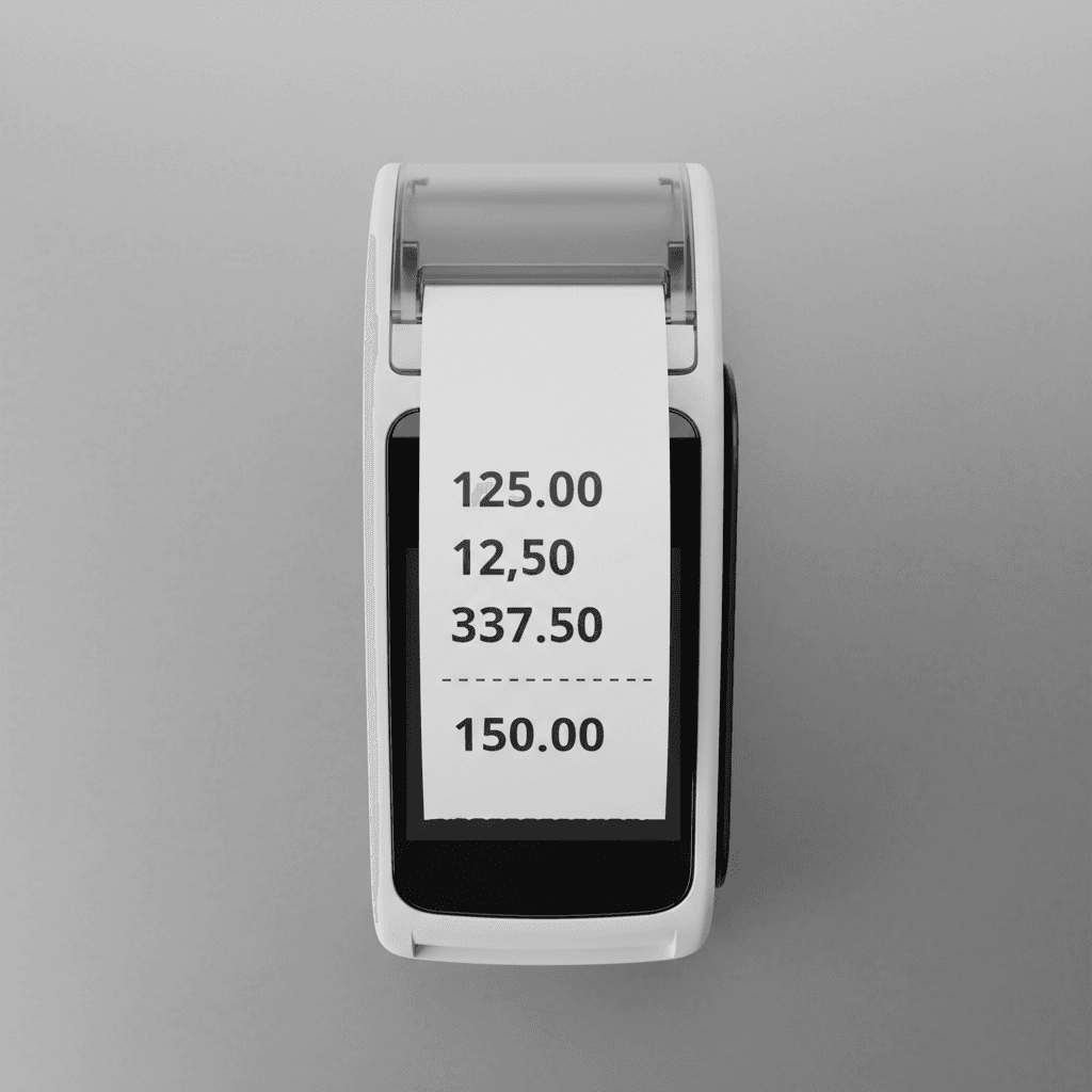Overhead view of a credit card terminal and a receipt showing only numeric totals
