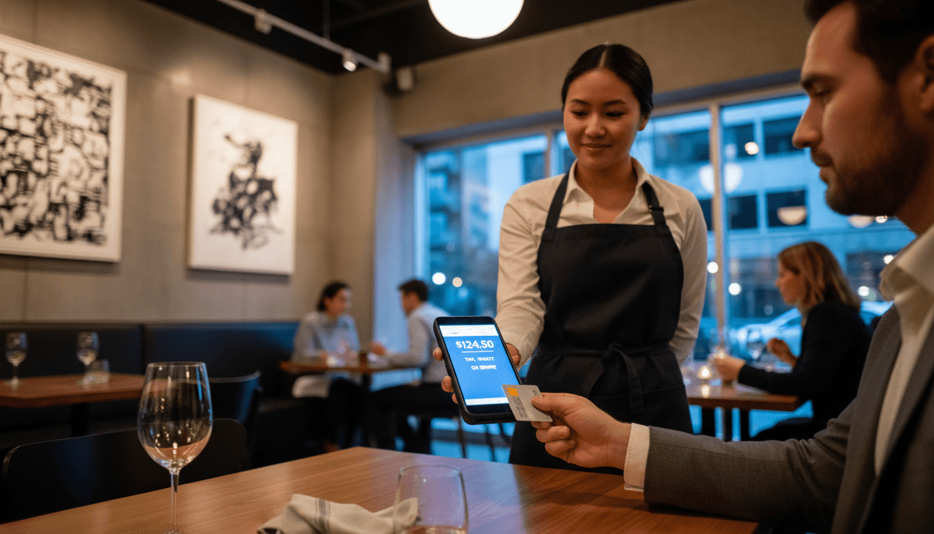 Server processing a card payment on a handheld device at a restaurant table