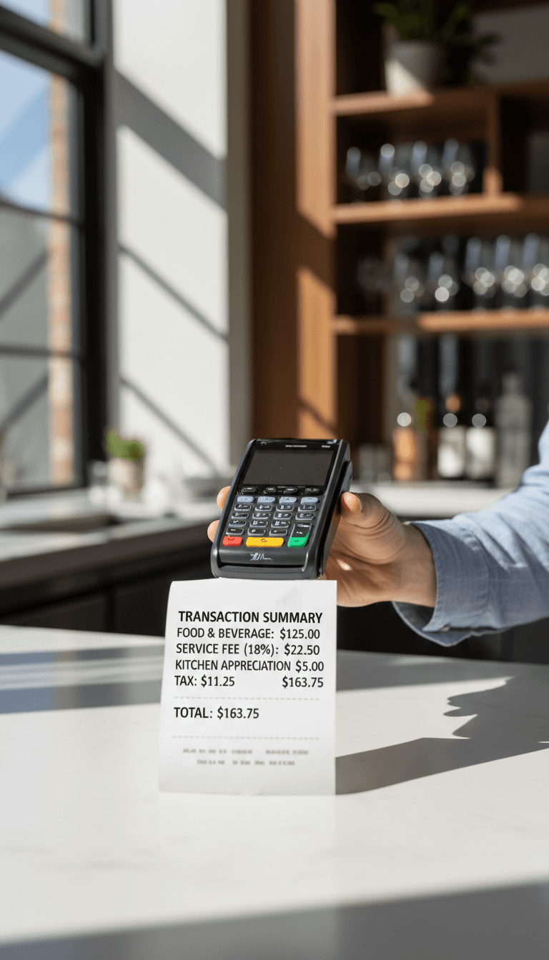 Close-up of a restaurant merchant reviewing a receipt with clear itemized pricing at a payment terminal