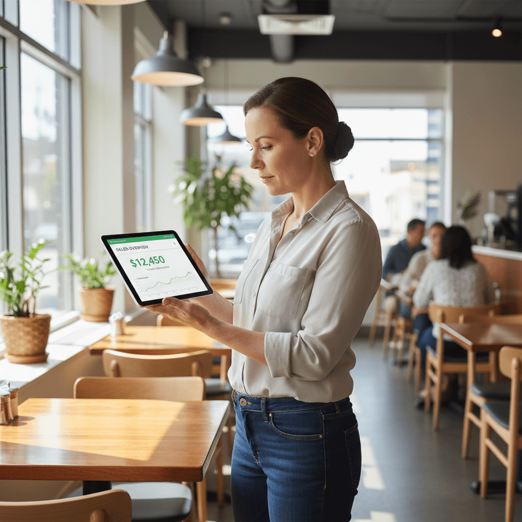 Restaurant owner reviewing payment dashboard on tablet in bright dining area