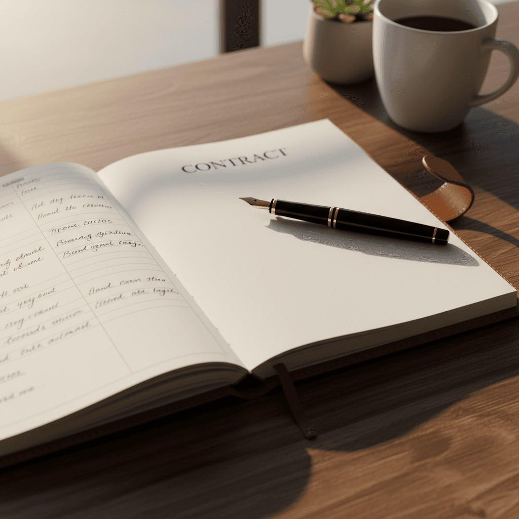 Open planner and pen on a wooden desk with warm natural light