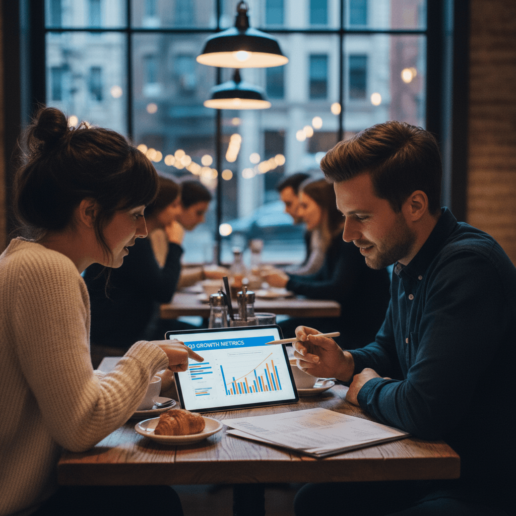 Two people reviewing a chart together on a tablet at a restaurant table