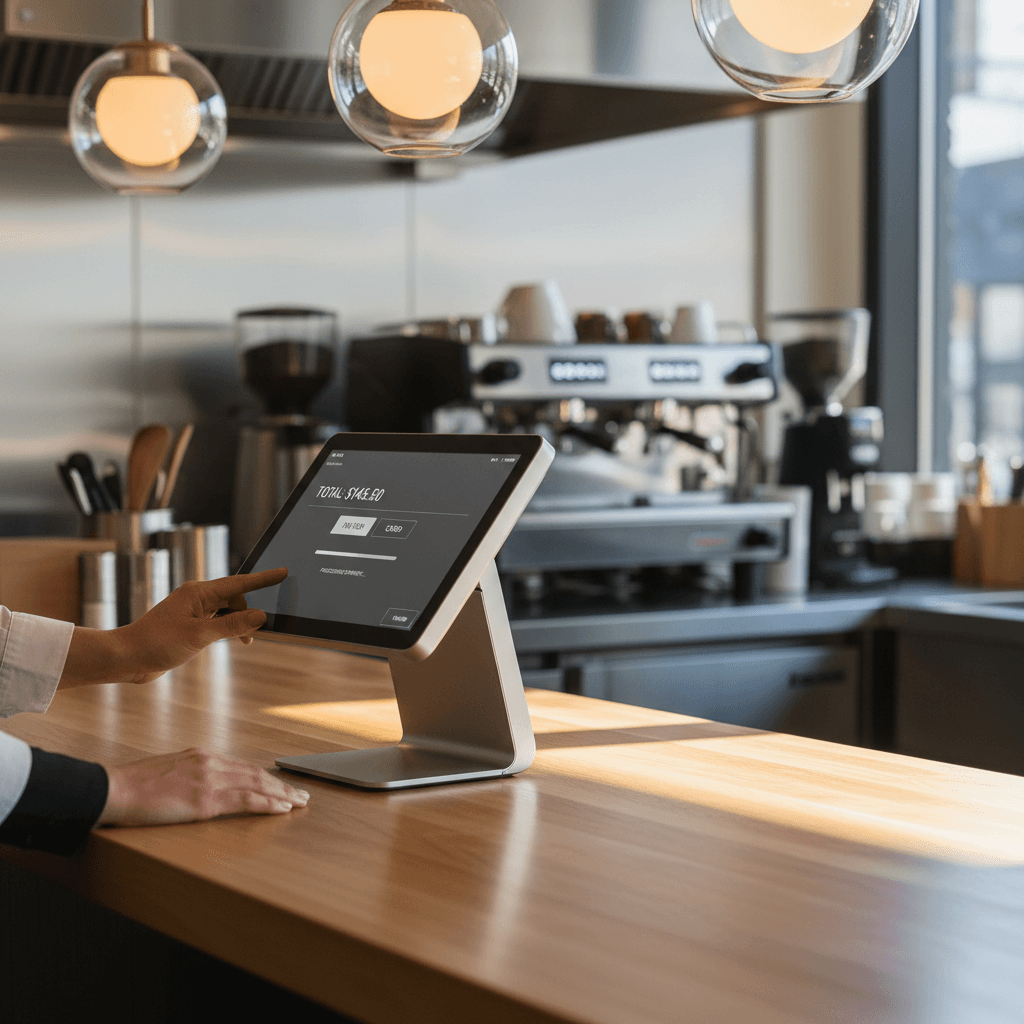 Modern point of sale terminal on a bright cafe counter