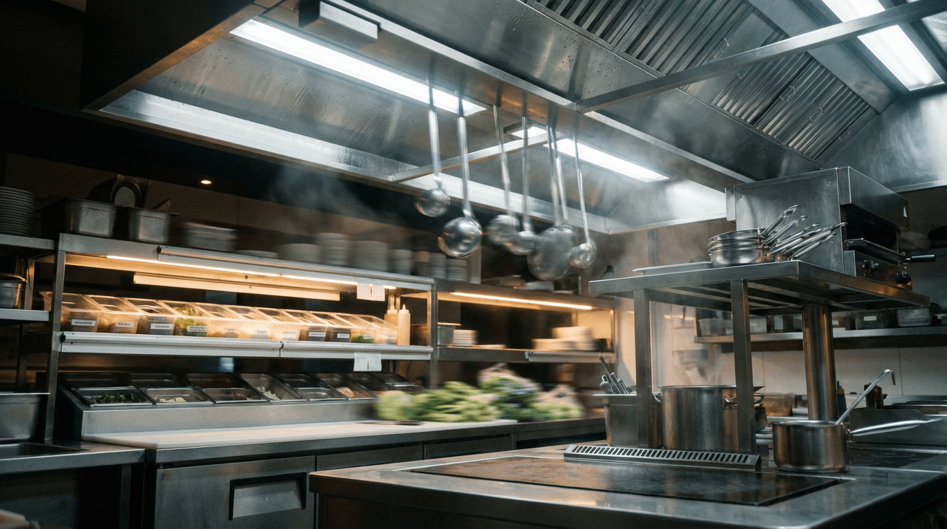 A modern restaurant interior with ambient lighting and tables prepared for service