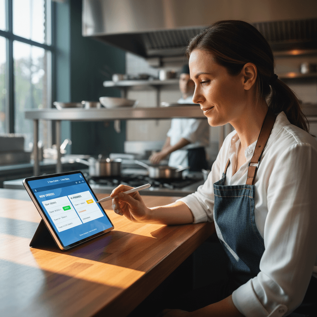 Restaurant owner taking an order on a tablet at a busy cafe counter