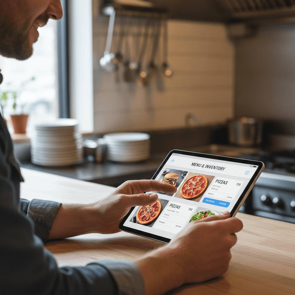 Restaurant manager reviewing a digital sales dashboard on a tablet
