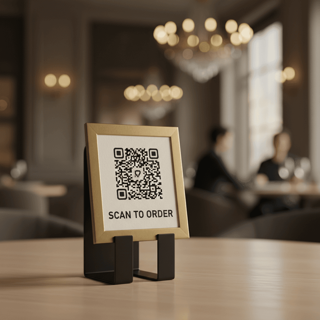 Customer scanning a QR code at a restaurant table with a smartphone