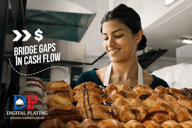 Smiling baker looks at pastries with "Bridge Gaps in Cash Flow" text for Digital Plating.