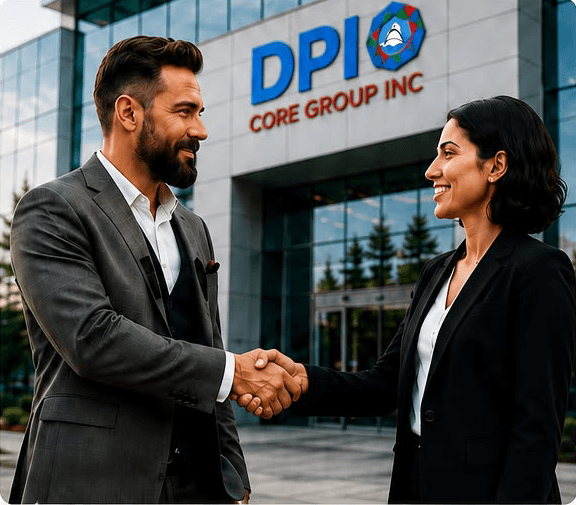 Man and woman in business suits shaking hands outside the DPI Core Group Inc building.