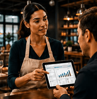 Female server in an apron shows a tablet with data charts to a restaurant customer.